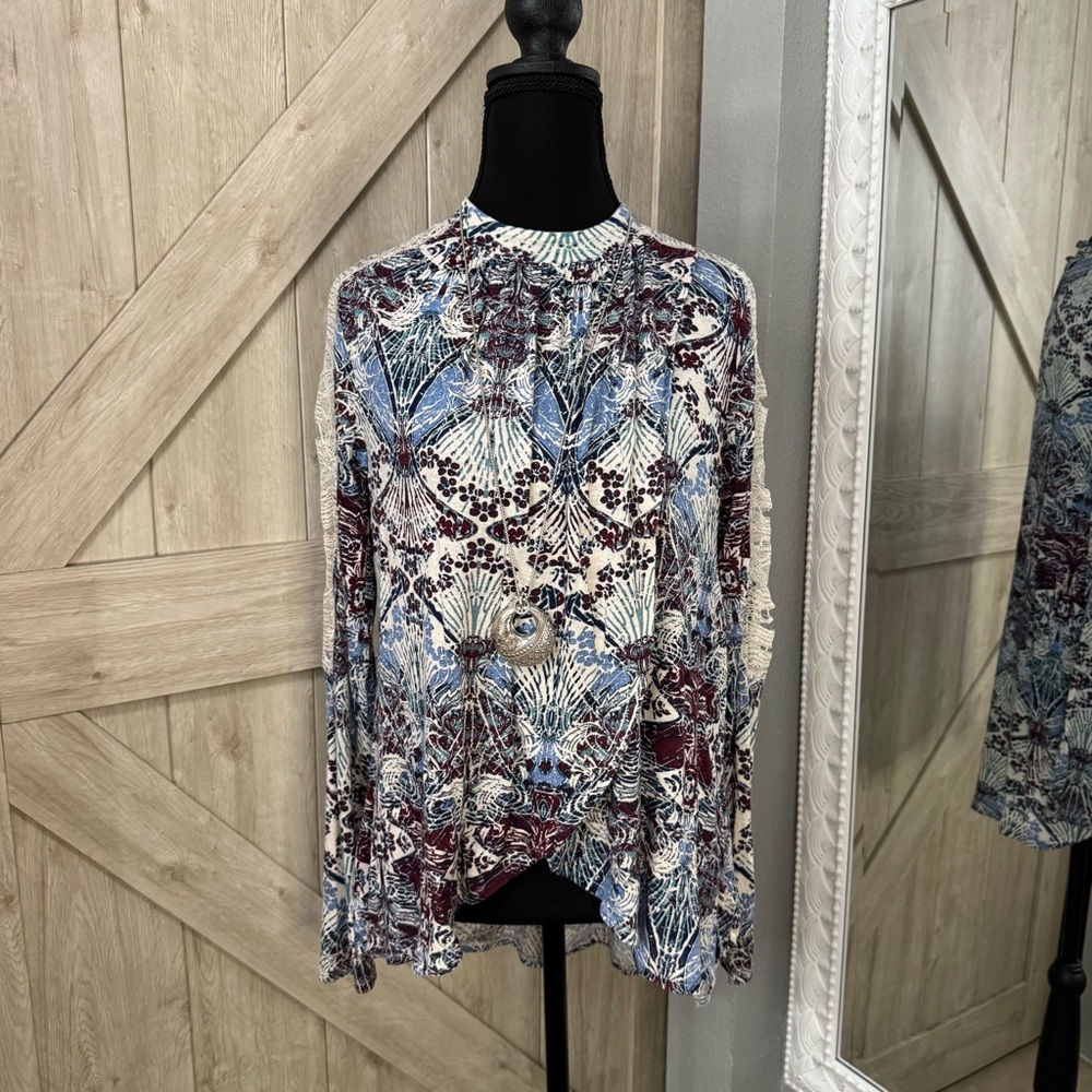Free People Blue and Brown Patterned Blouse